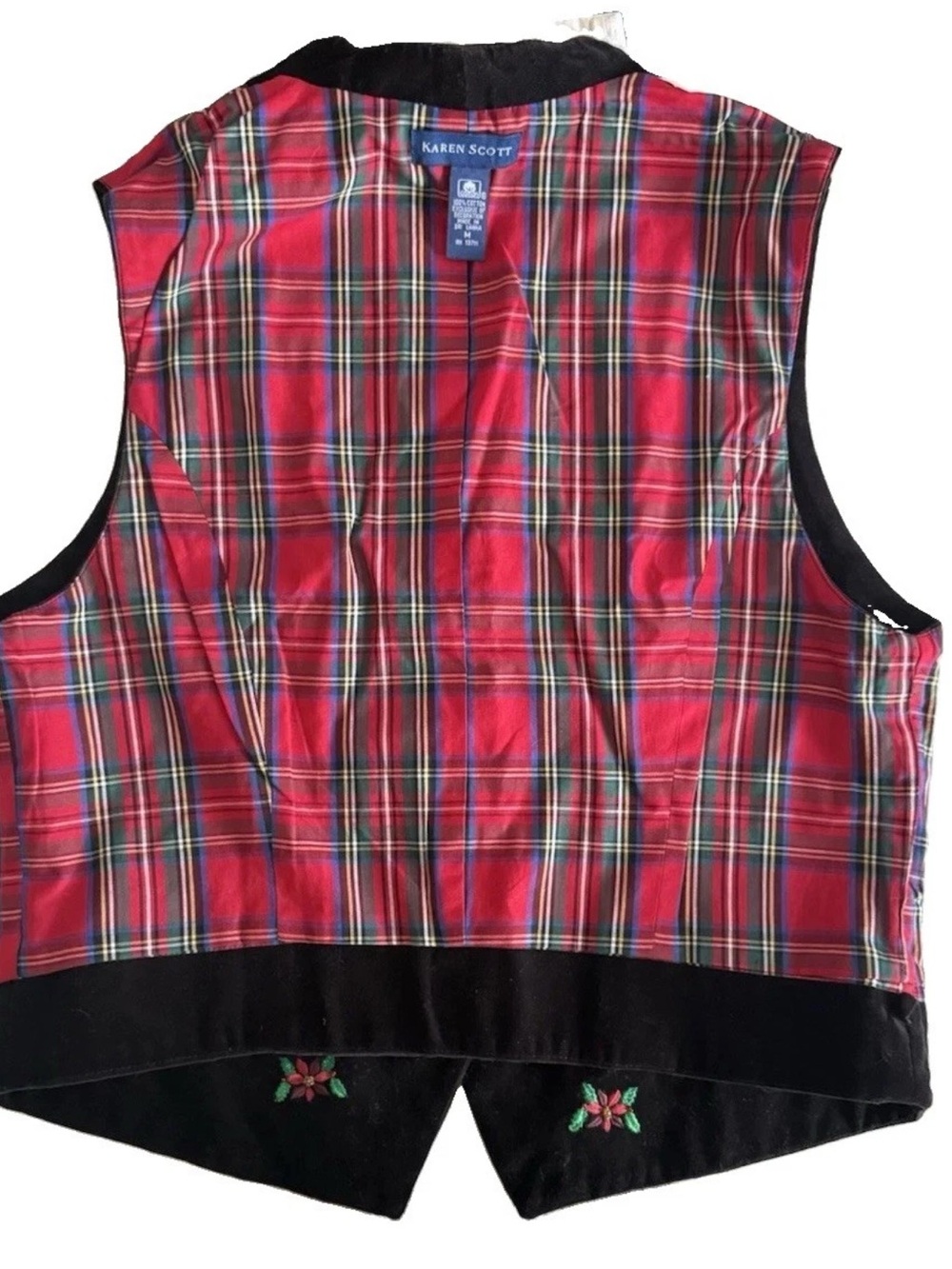 Ugly Christmas Vest Velvet Embroidered Wreaths Tartan Plaid Back 90s VTG Medium - Picture 7 of 12